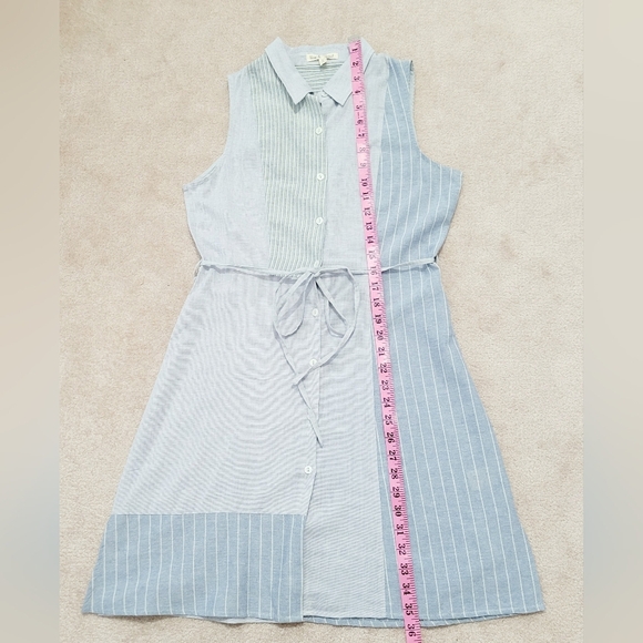 Hem & Thread Sleeveless Shirt Dress Size Small Blue Striped Button Front Tie - Picture 6 of 8